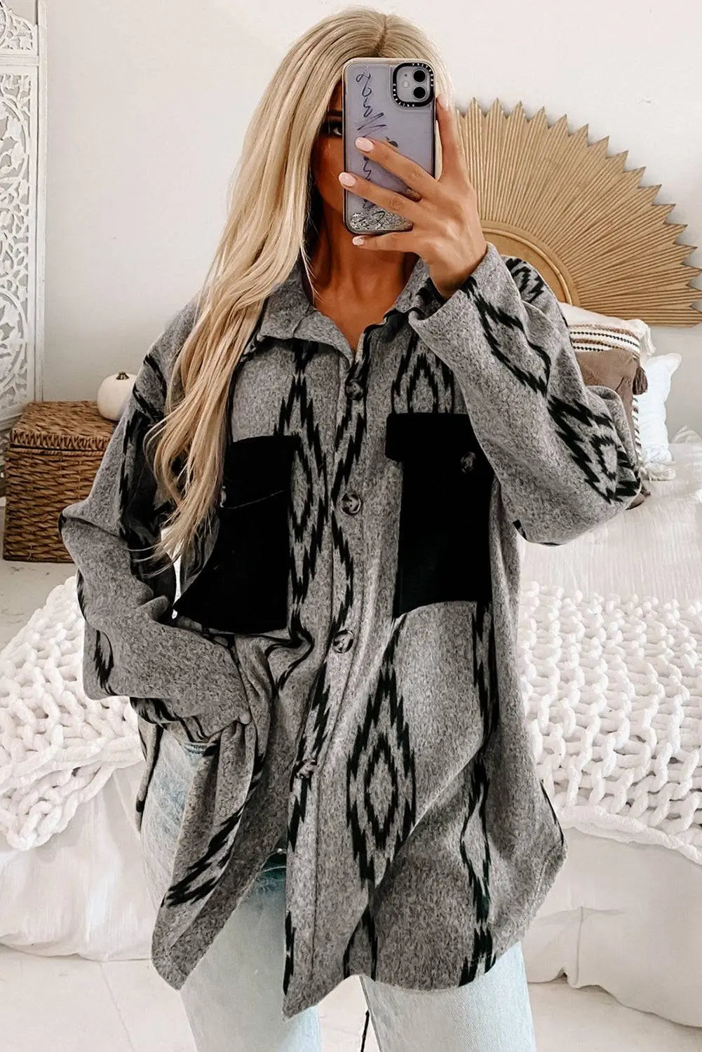 Grey Aztec Contrast Chest Pockets Loose Shacket - BB Fashion Outlet