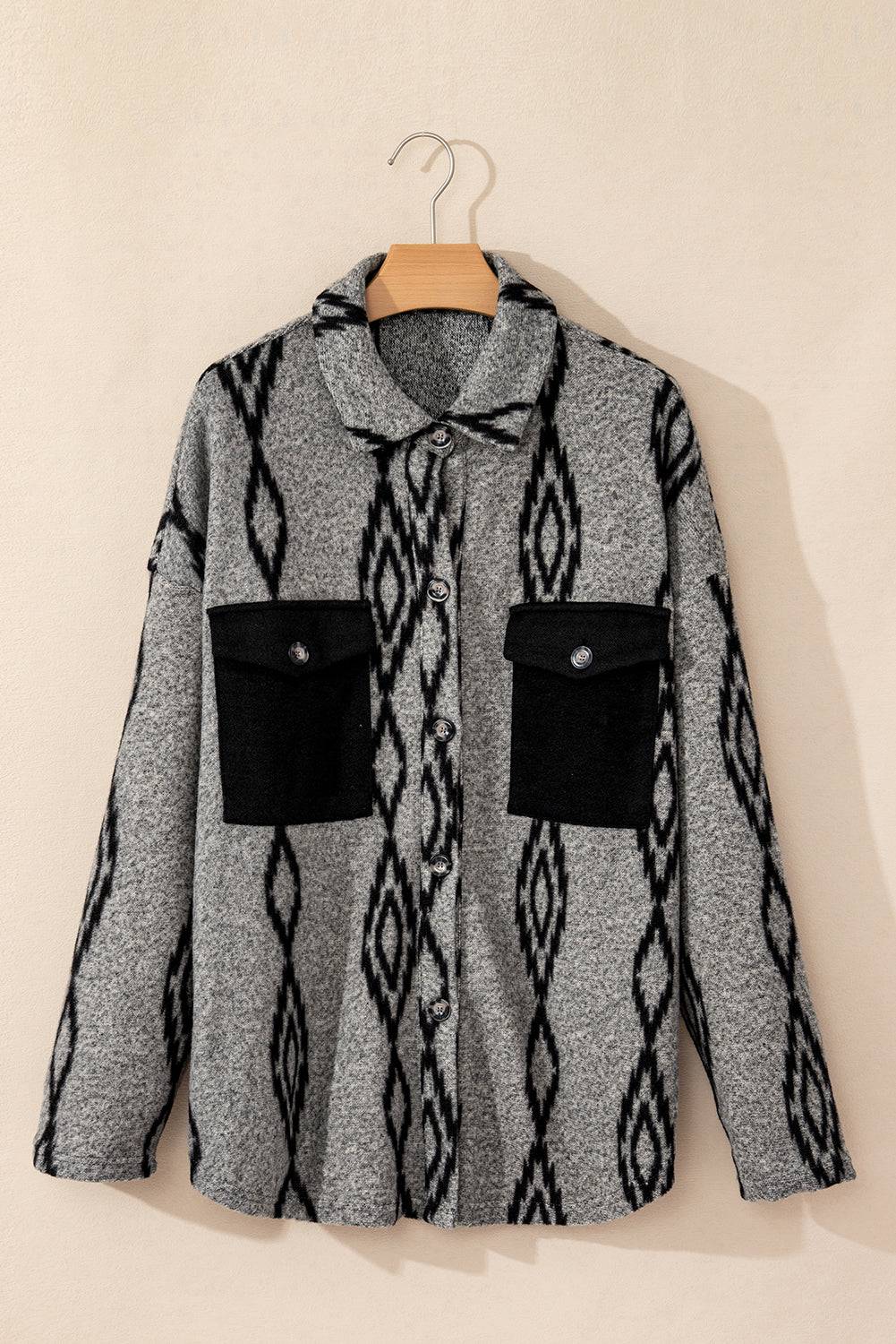Grey Aztec Contrast Chest Pockets Loose Shacket - BB Fashion Outlet