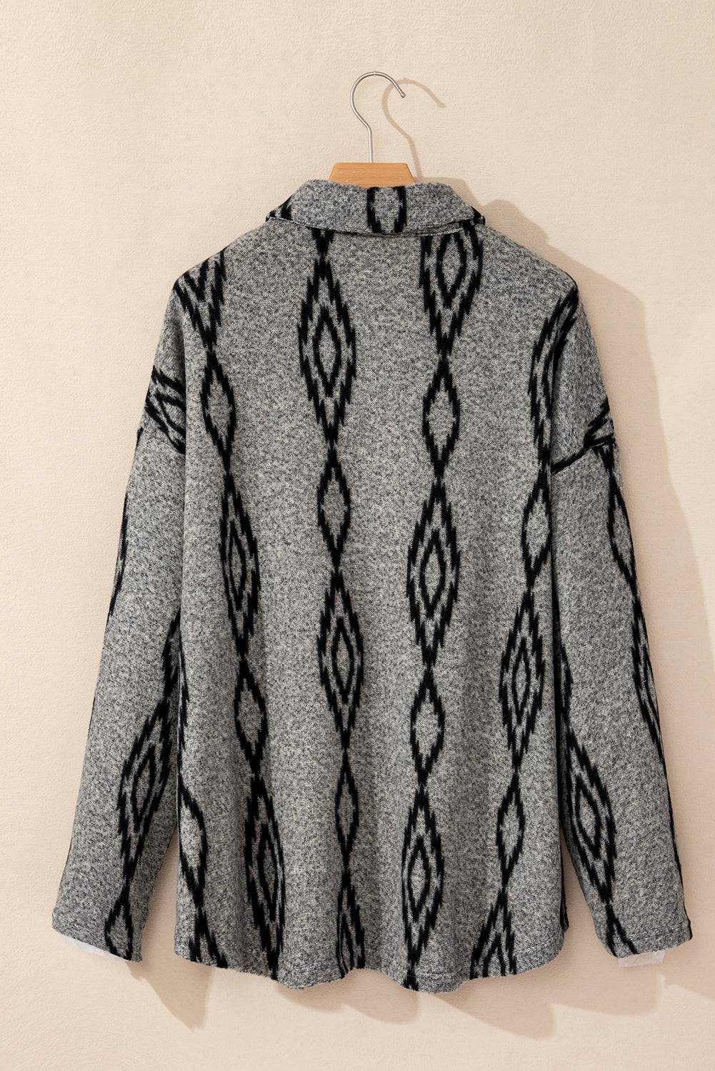 Grey Aztec Contrast Chest Pockets Loose Shacket - BB Fashion Outlet