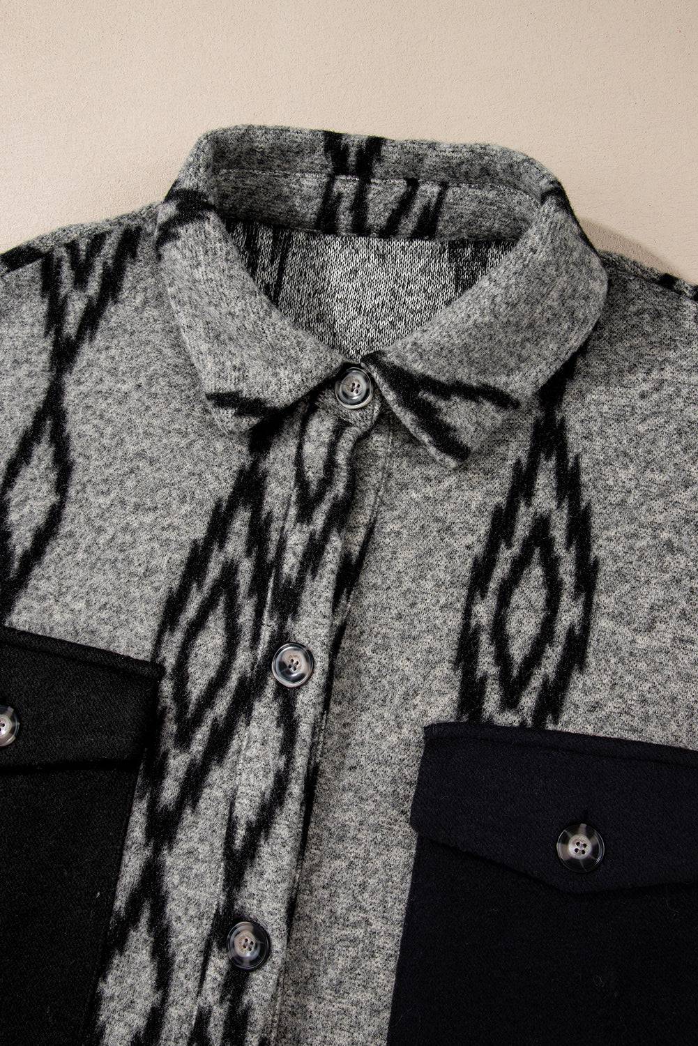 Grey Aztec Contrast Chest Pockets Loose Shacket - BB Fashion Outlet
