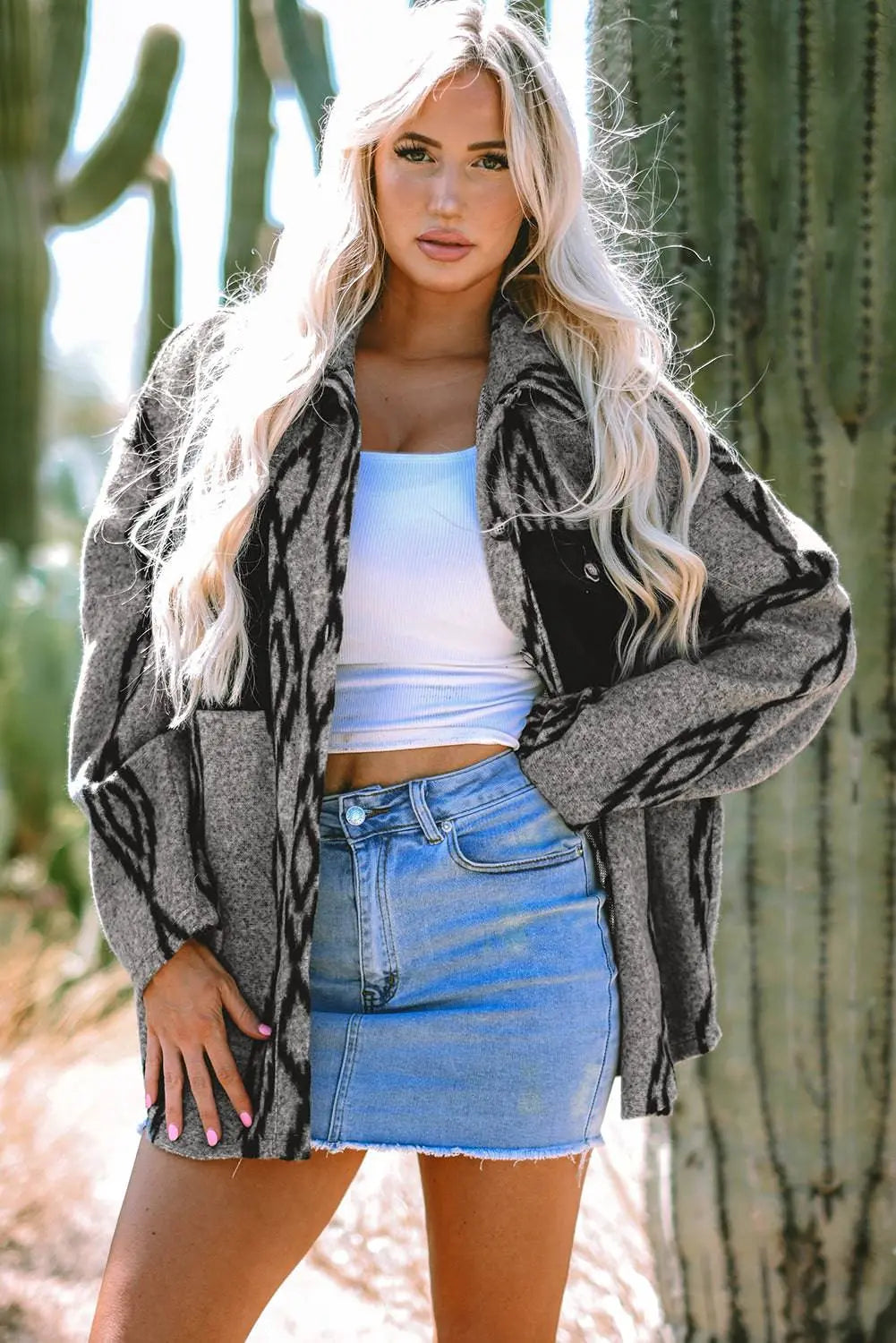 Grey Aztec Contrast Chest Pockets Loose Shacket - BB Fashion Outlet