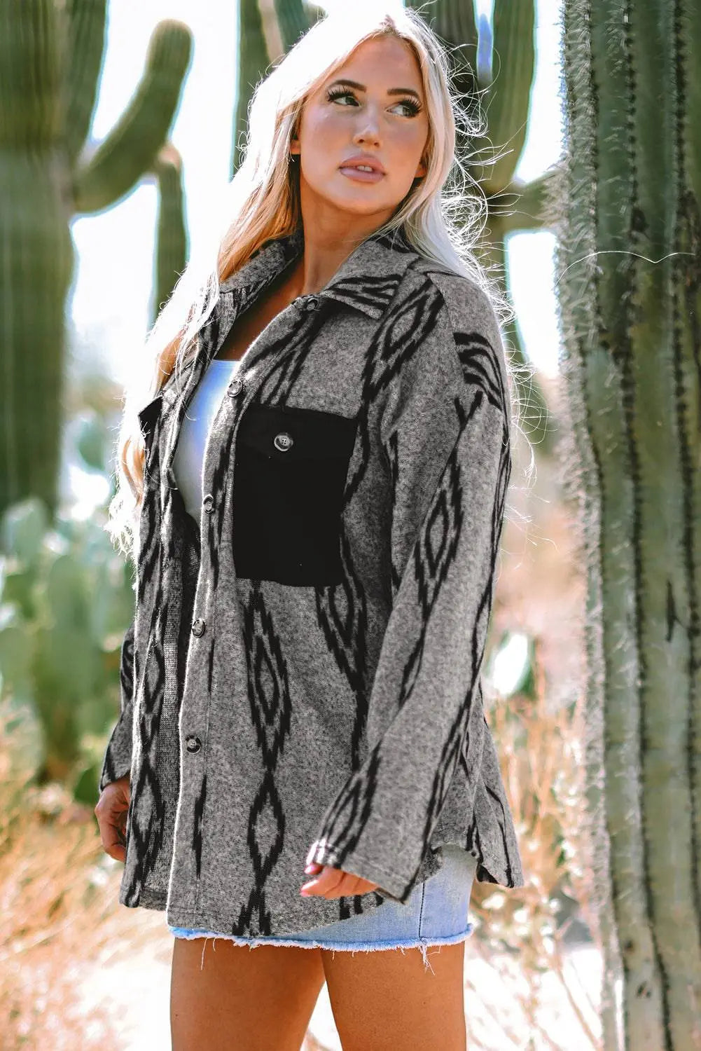 Grey Aztec Contrast Chest Pockets Loose Shacket - BB Fashion Outlet