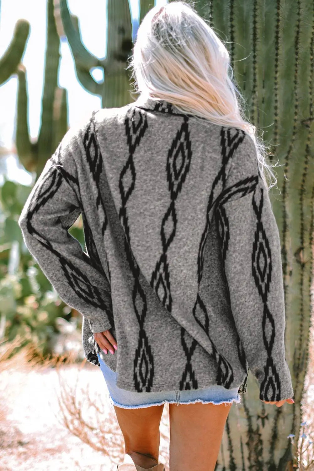 Grey Aztec Contrast Chest Pockets Loose Shacket - BB Fashion Outlet