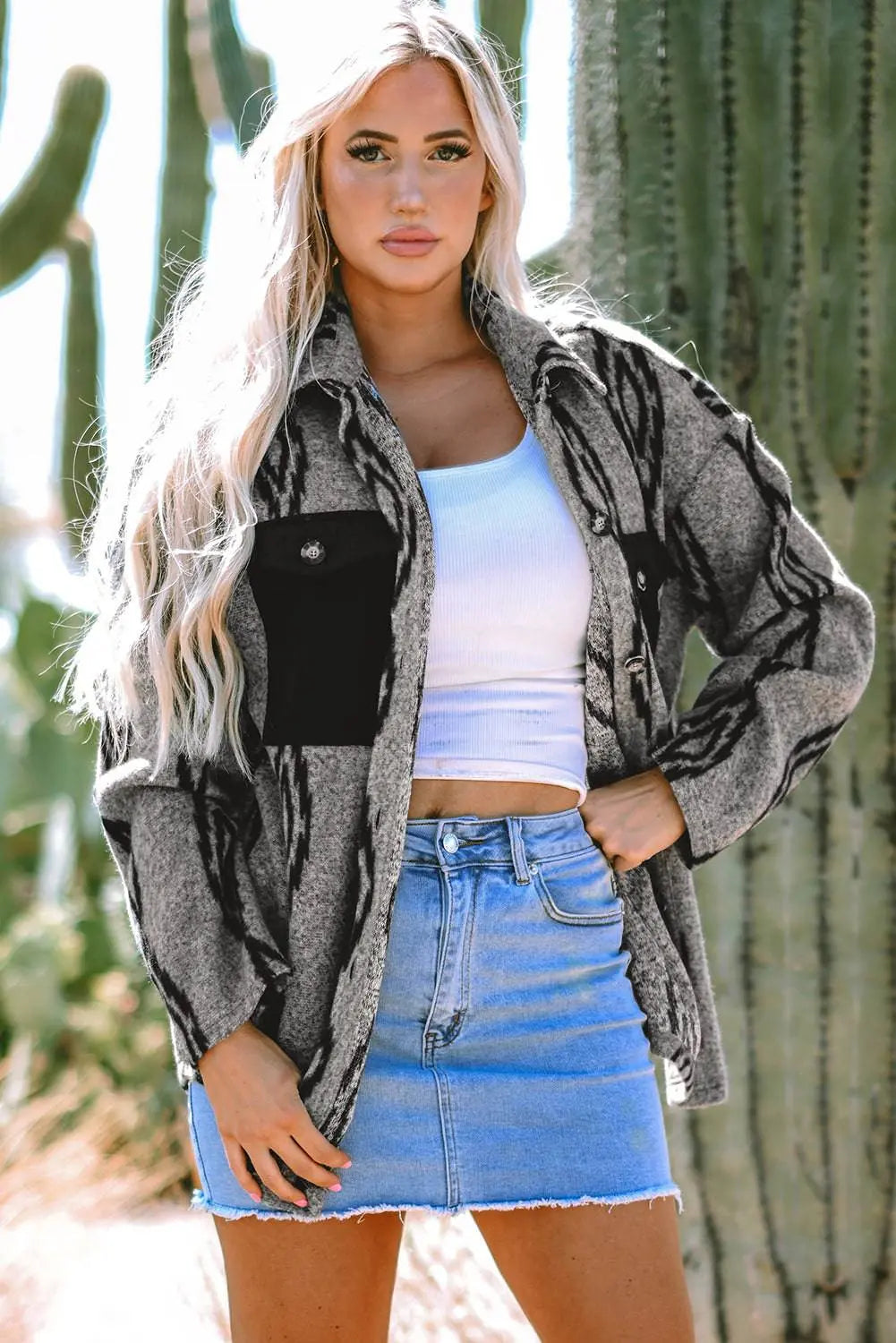 Grey Aztec Contrast Chest Pockets Loose Shacket - BB Fashion Outlet
