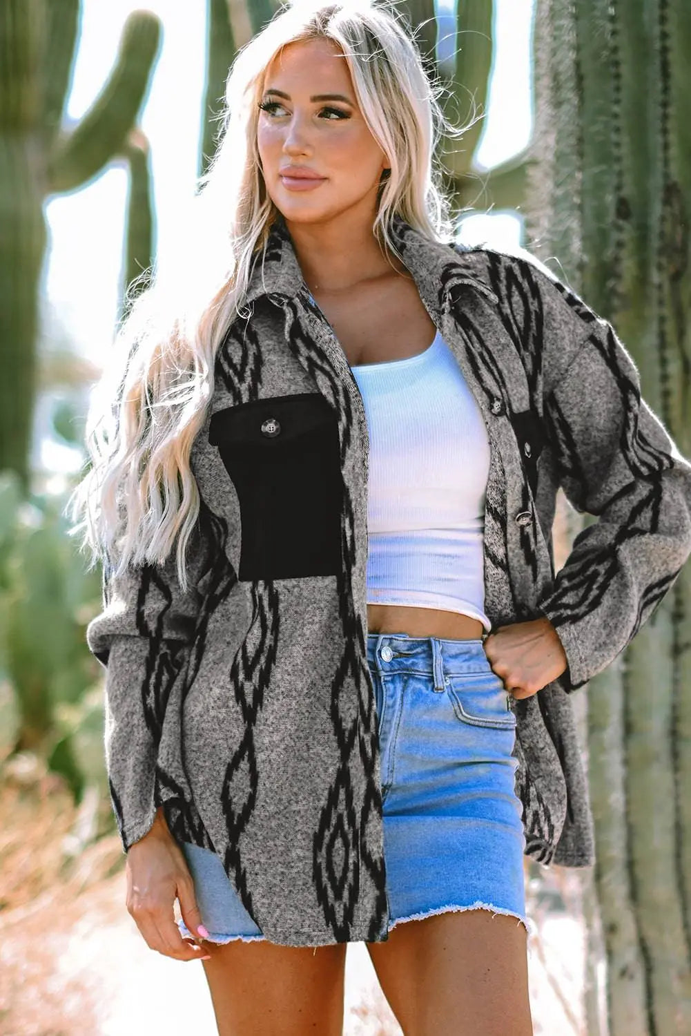 Grey Aztec Contrast Chest Pockets Loose Shacket - BB Fashion Outlet