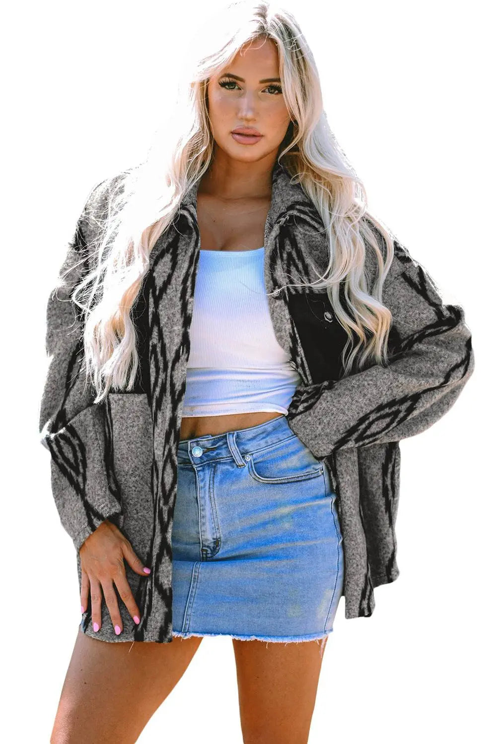 Grey Aztec Contrast Chest Pockets Loose Shacket - BB Fashion Outlet
