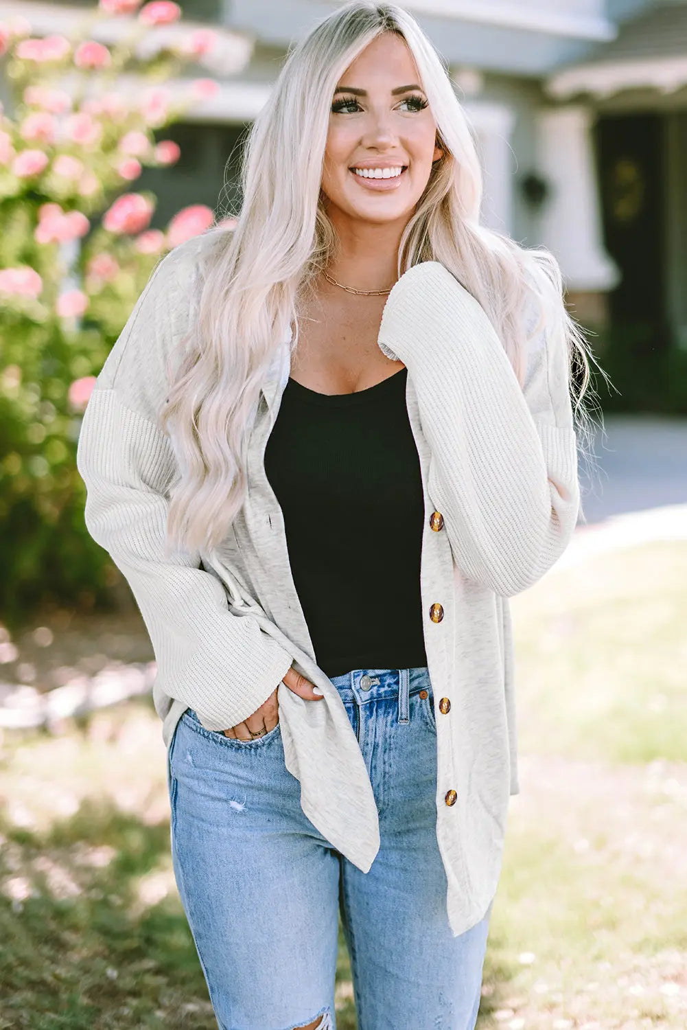 Grey Button Up Contrast Knitted Sleeves Hooded Jacket - eAura