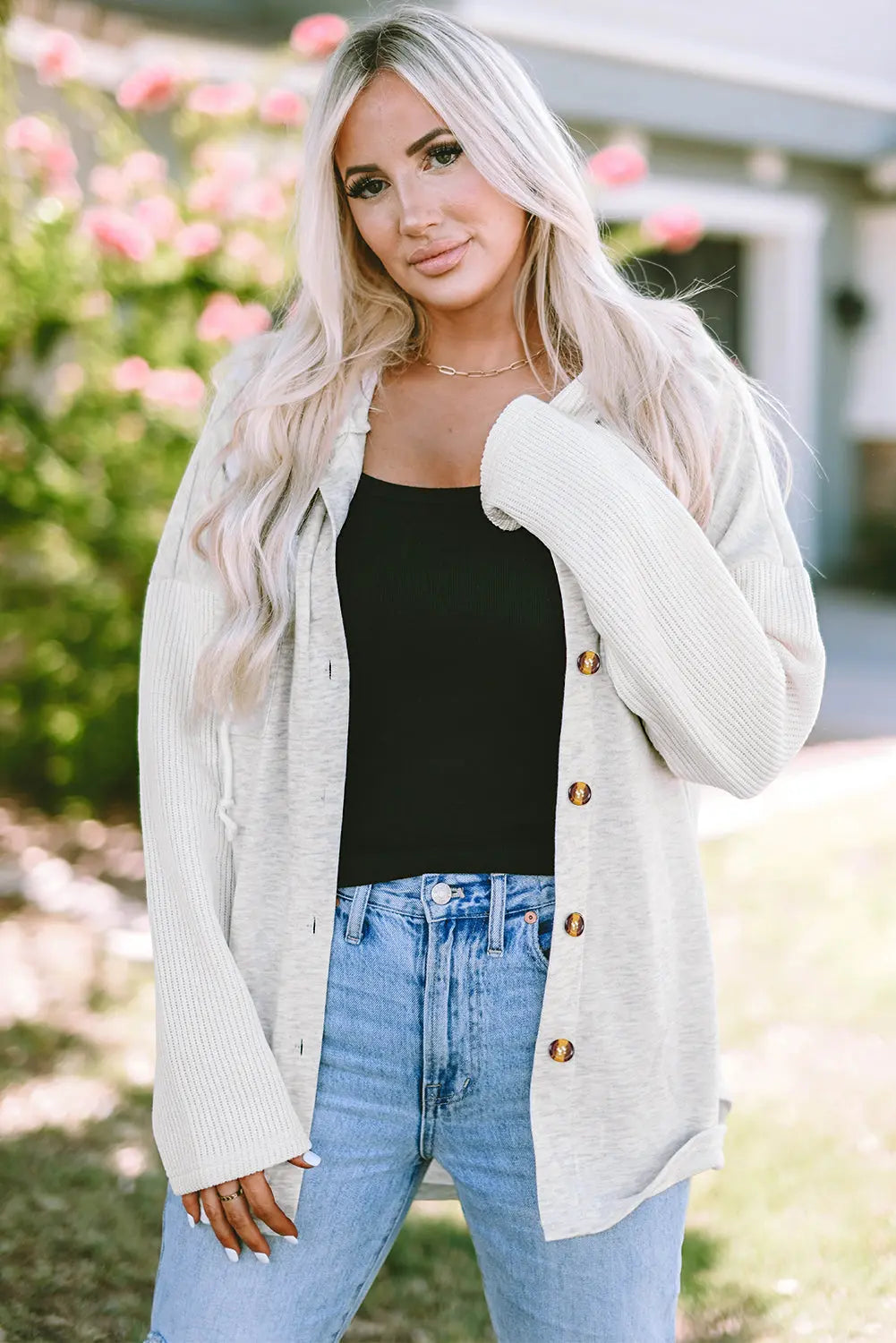 Grey Button Up Contrast Knitted Sleeves Hooded Jacket - eAura