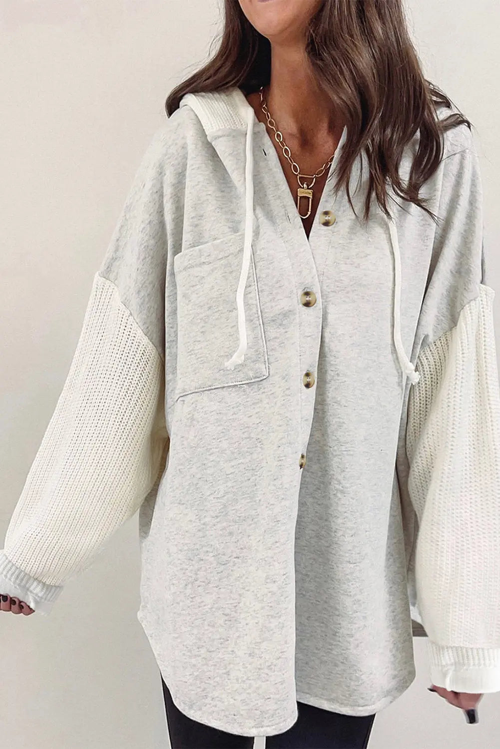 Grey Button Up Contrast Knitted Sleeves Hooded Jacket - eAura