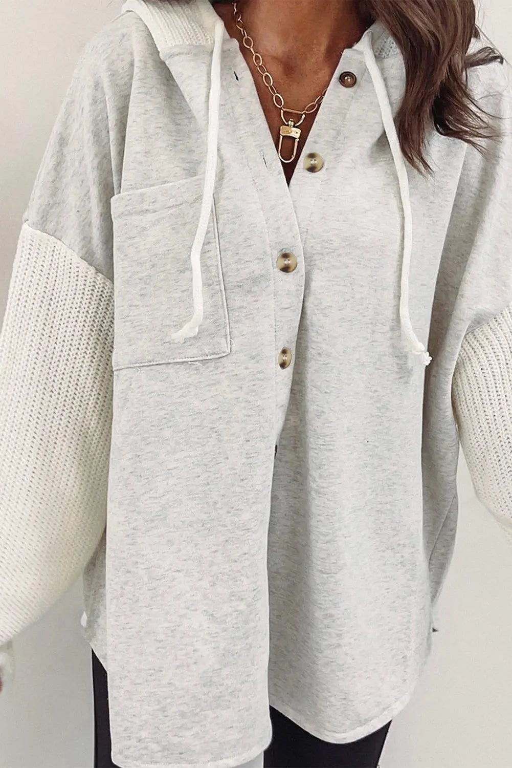 Grey Button Up Contrast Knitted Sleeves Hooded Jacket - eAura