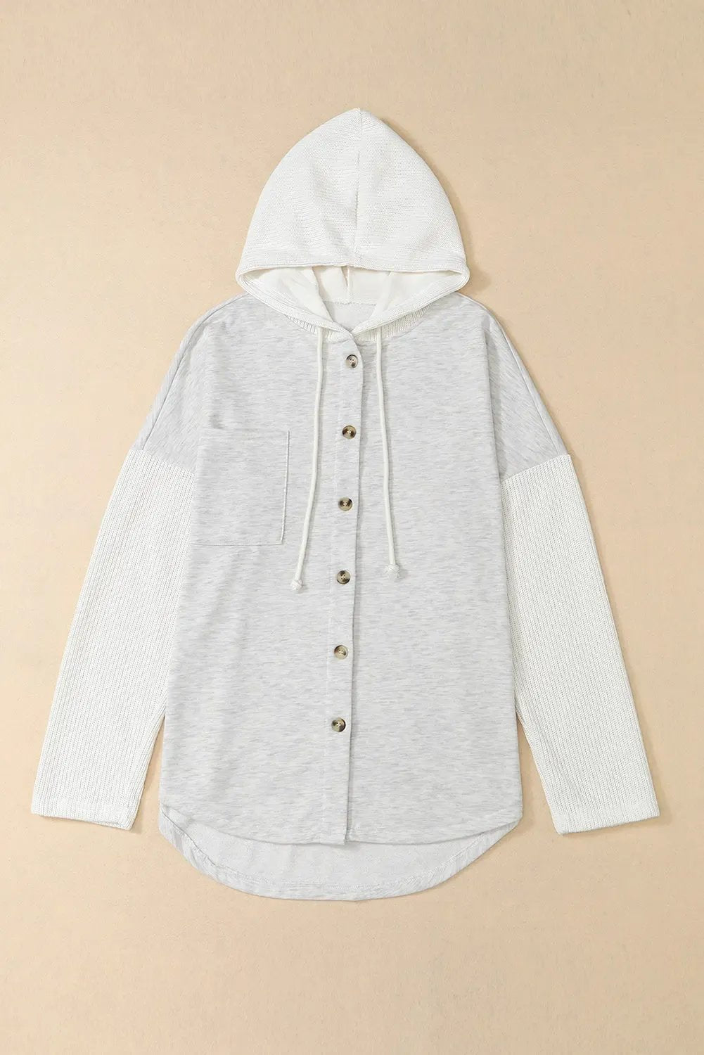 Button Up Contrast Knitted Sleeves Hooded Jacket