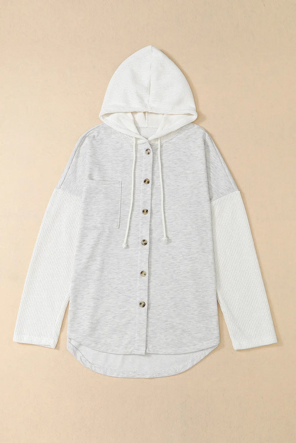 Grey Button Up Contrast Knitted Sleeves Hooded Jacket - eAura