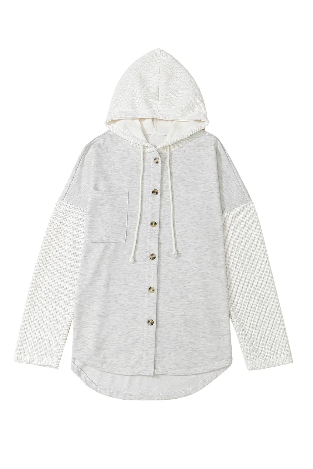 Grey Button Up Contrast Knitted Sleeves Hooded Jacket - eAura