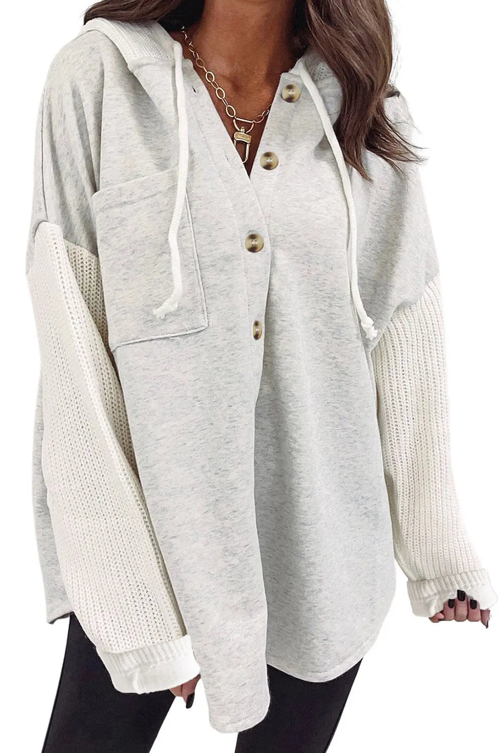 Grey Button Up Contrast Knitted Sleeves Hooded Jacket - eAura
