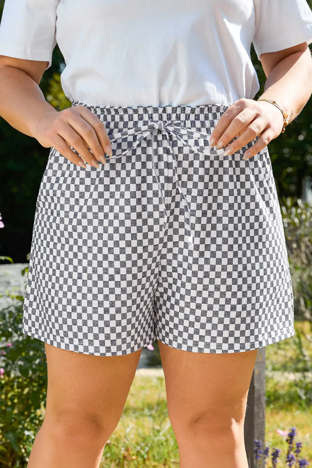Grey Checkerboard Lace-Up High Waist Plus Size Casual Shorts - Size/Plus Bottoms
