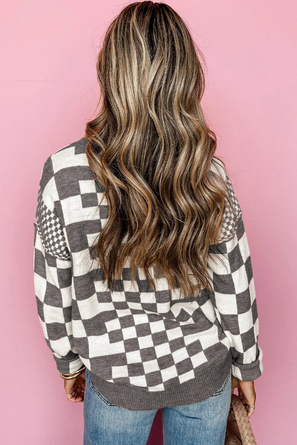 Grey Checkered Print Drop Shoulder Round Neck Sweater Beagle Boutique Fashion Outlet