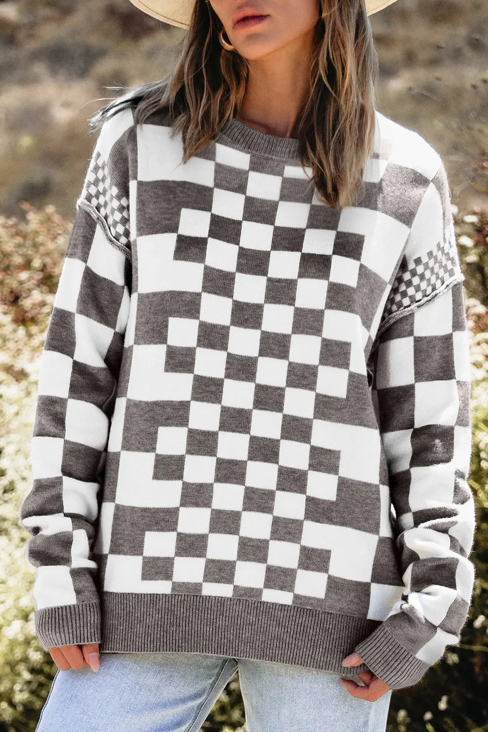 Grey Checkered Print Drop Shoulder Round Neck Sweater Beagle Boutique Fashion Outlet