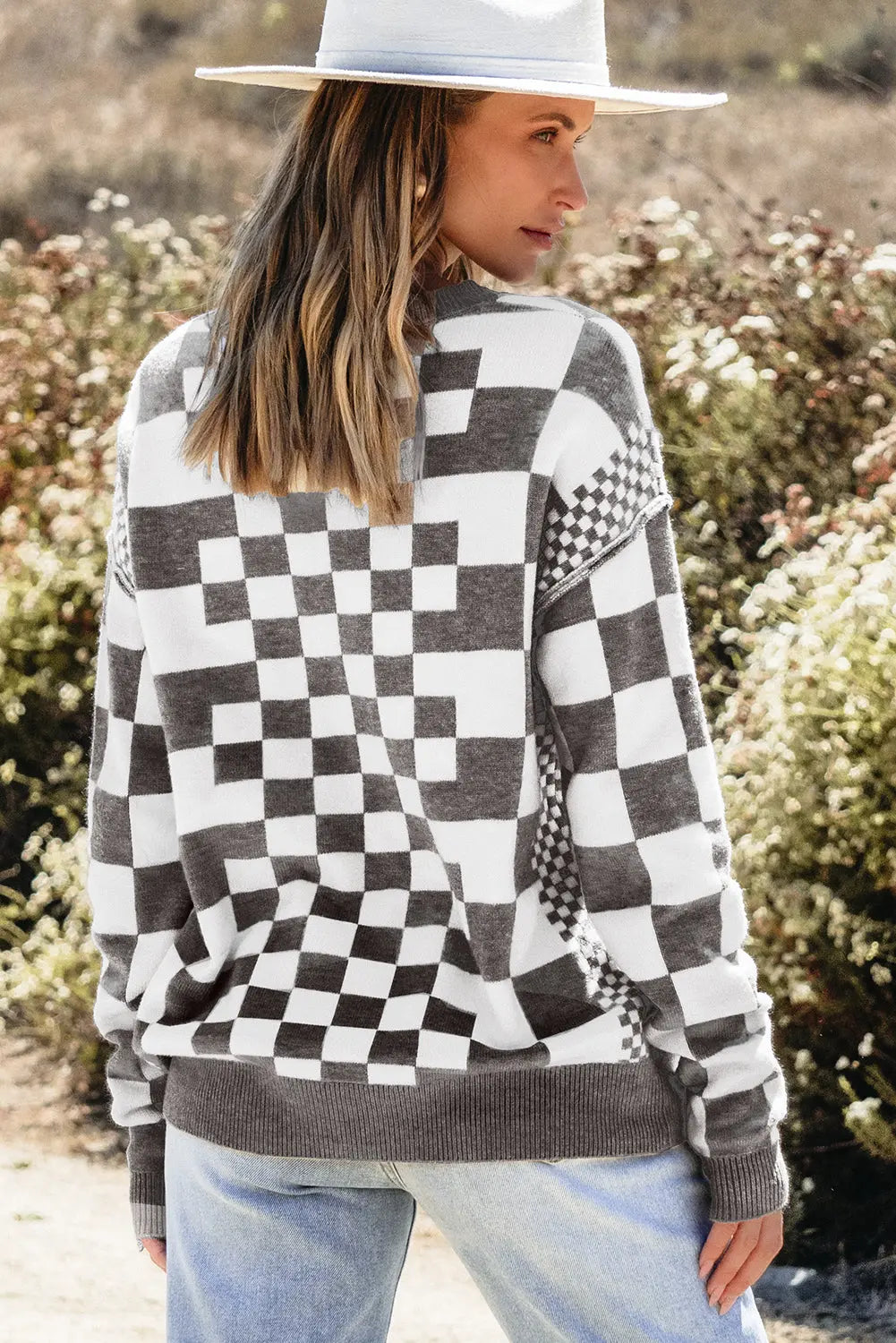 Grey Checkered Print Drop Shoulder Round Neck Sweater Beagle Boutique Fashion Outlet