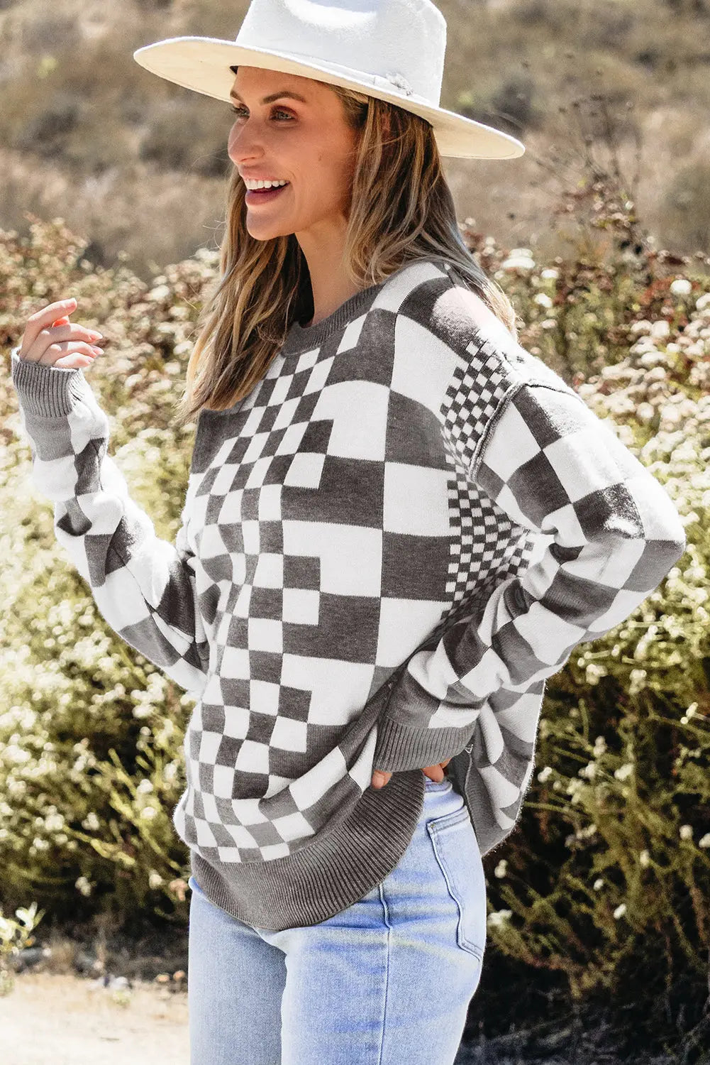 Grey Checkered Print Drop Shoulder Round Neck Sweater Beagle Boutique Fashion Outlet
