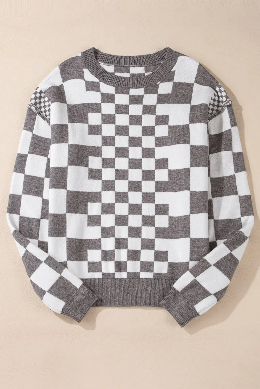 Grey Checkered Print Drop Shoulder Round Neck Sweater Beagle Boutique Fashion Outlet