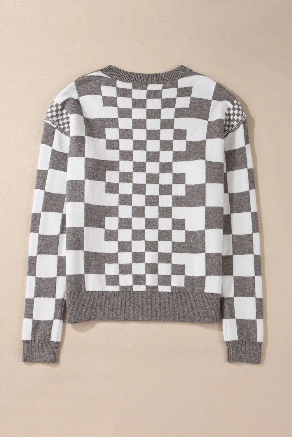 Grey Checkered Print Drop Shoulder Round Neck Sweater Beagle Boutique Fashion Outlet