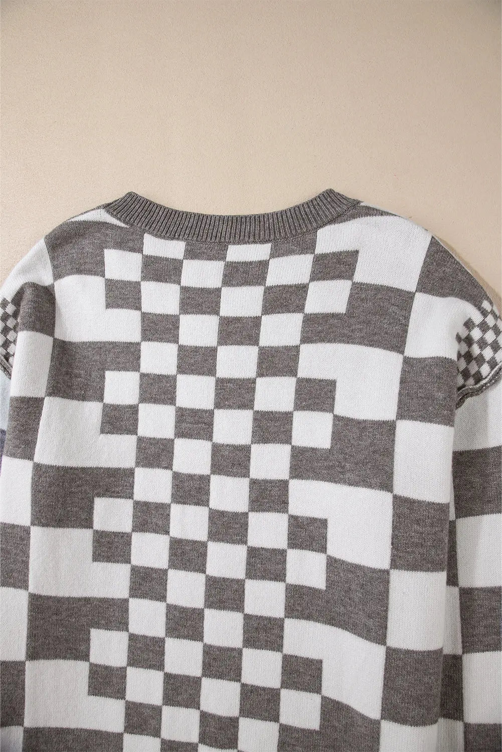 Grey Checkered Print Drop Shoulder Round Neck Sweater Beagle Boutique Fashion Outlet