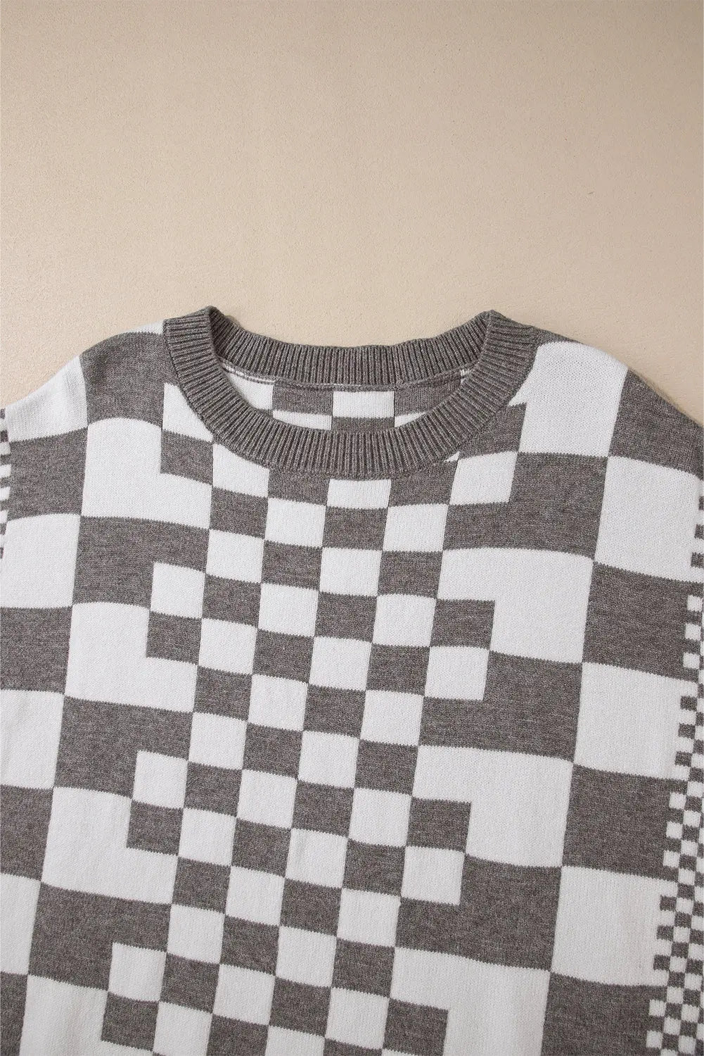 Grey Checkered Print Drop Shoulder Round Neck Sweater Beagle Boutique Fashion Outlet