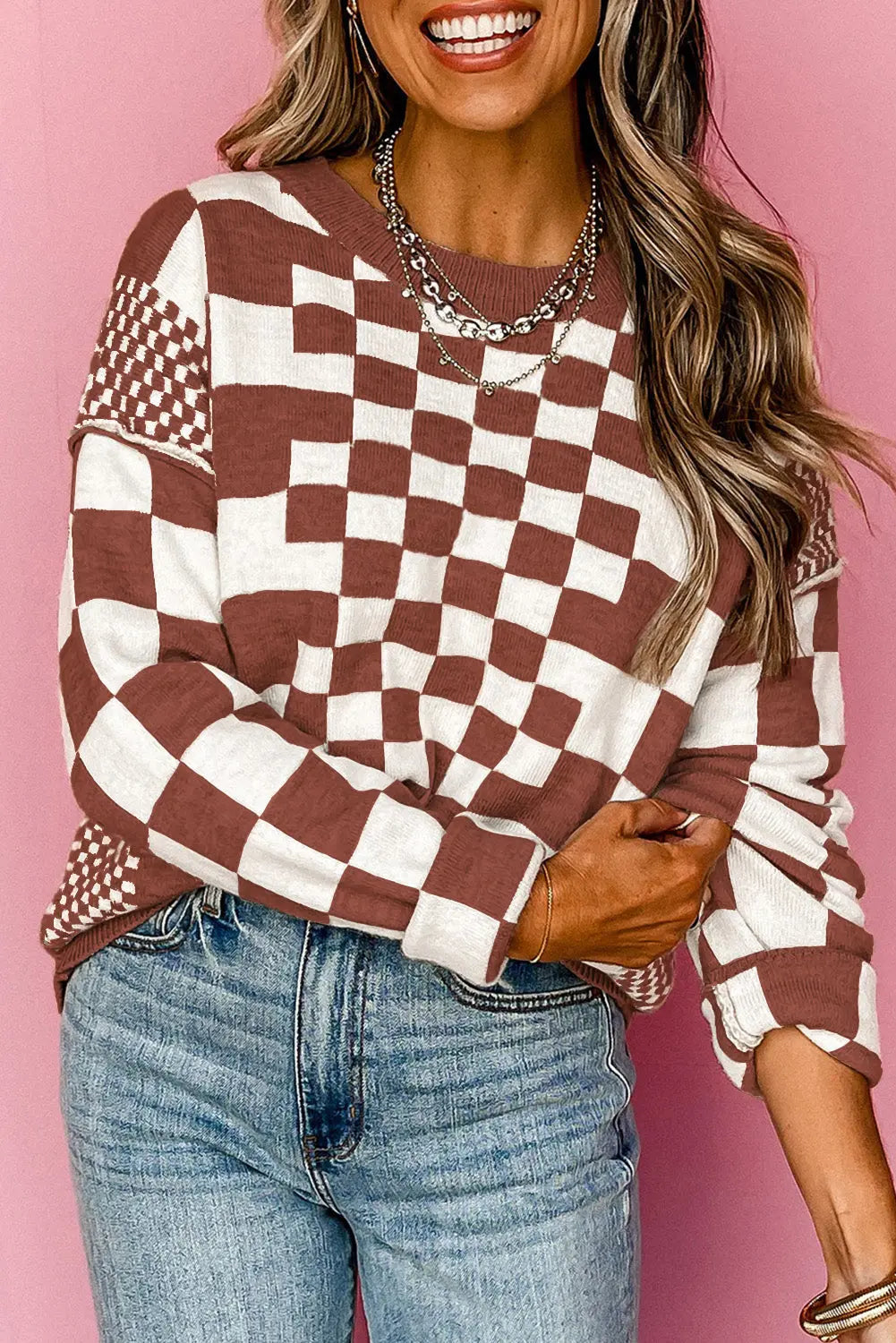Grey Checkered Print Drop Shoulder Round Neck Sweater Beagle Boutique Fashion Outlet