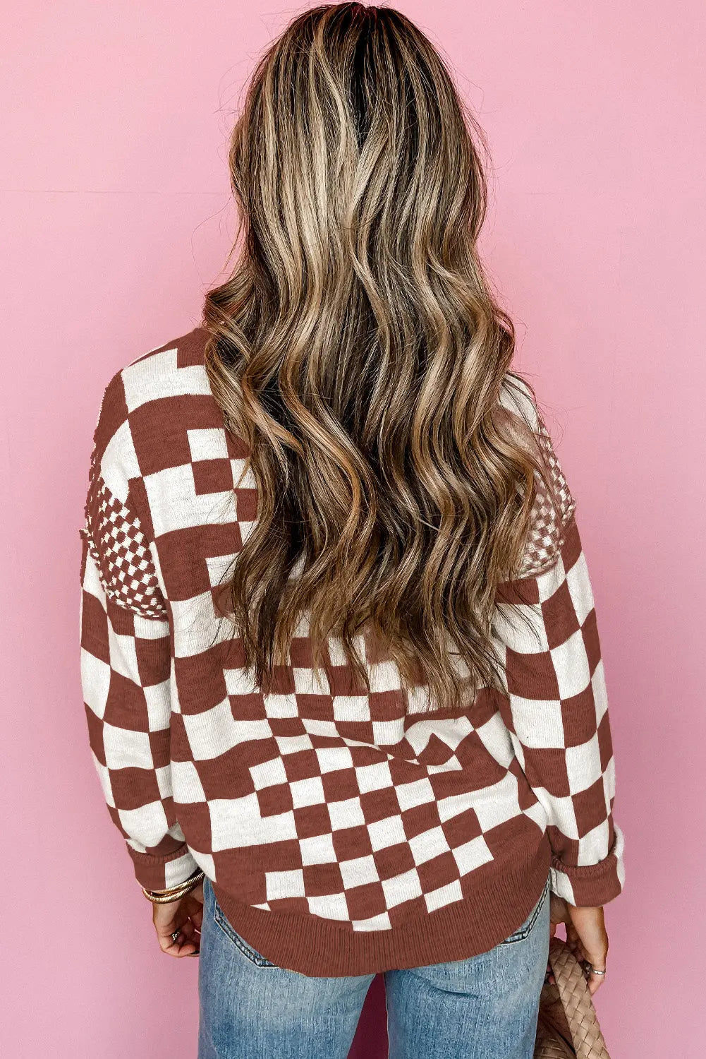 Grey Checkered Print Drop Shoulder Round Neck Sweater Beagle Boutique Fashion Outlet