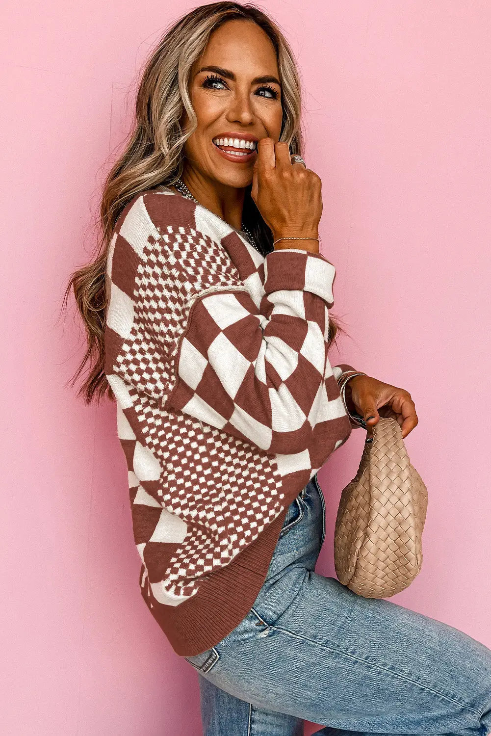 Grey Checkered Print Drop Shoulder Round Neck Sweater Beagle Boutique Fashion Outlet