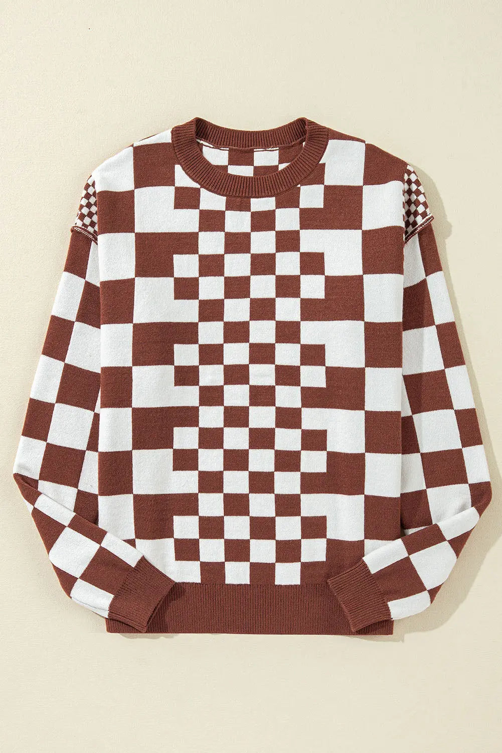 Grey Checkered Print Drop Shoulder Round Neck Sweater Beagle Boutique Fashion Outlet
