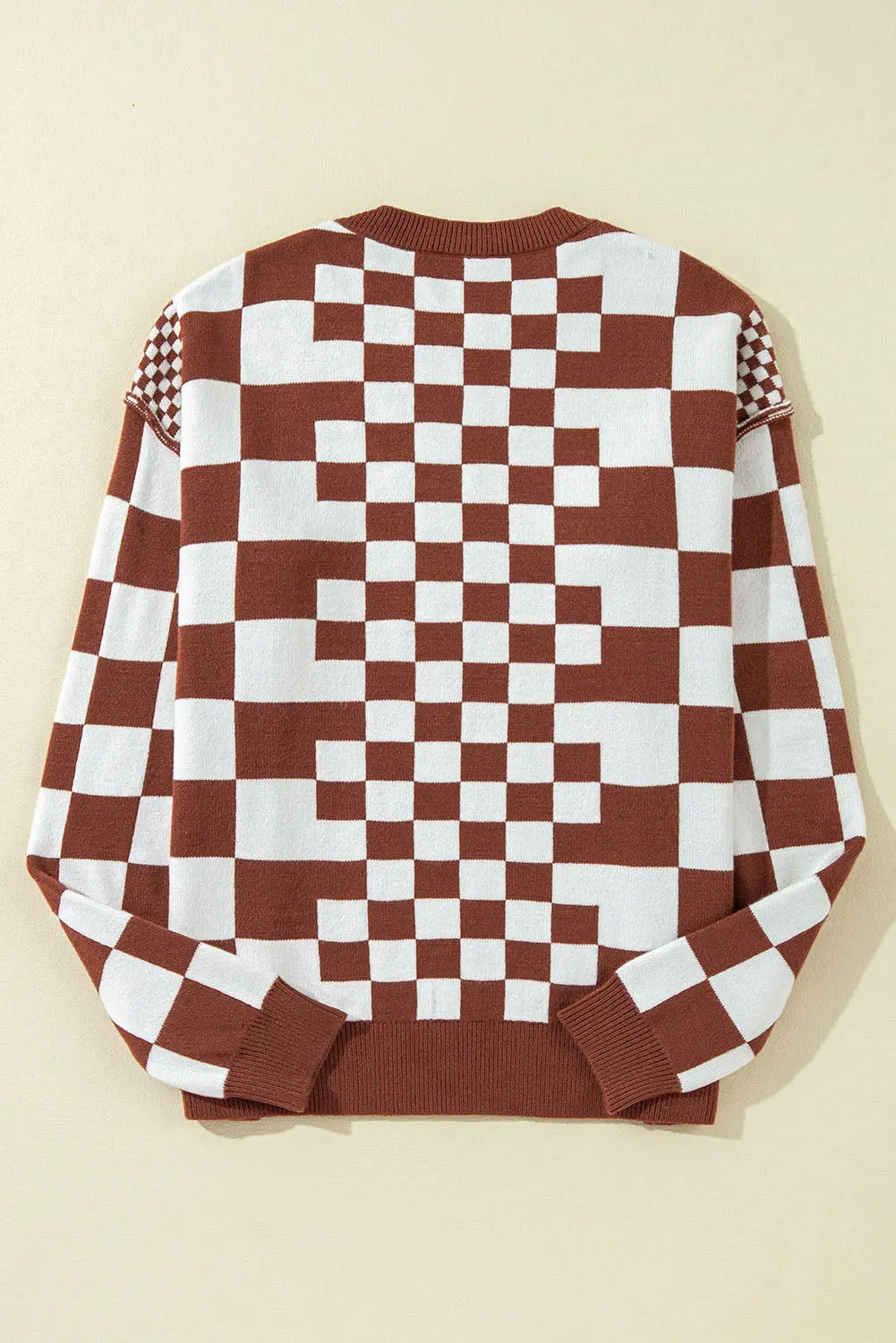 Grey Checkered Print Drop Shoulder Round Neck Sweater Beagle Boutique Fashion Outlet