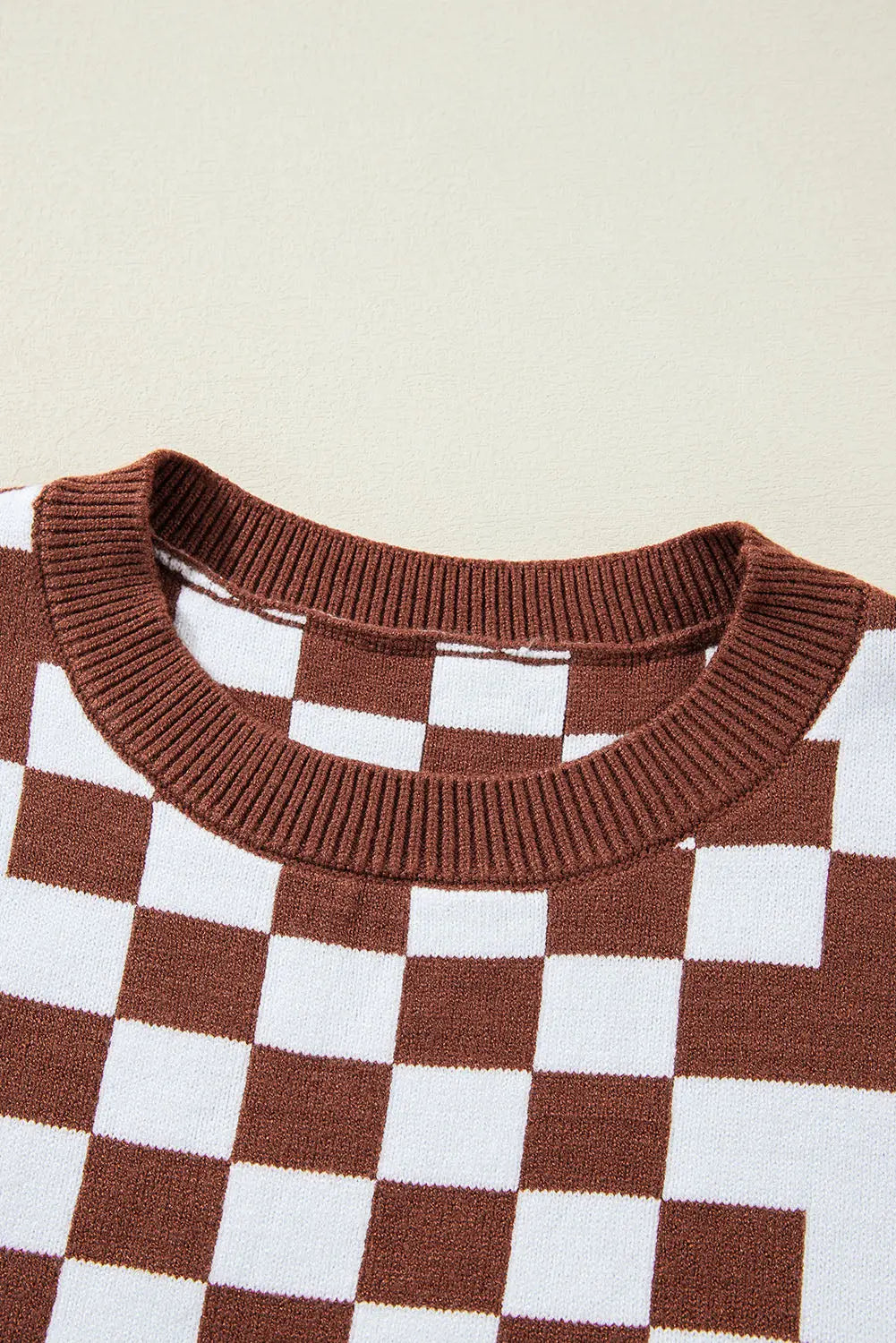Grey Checkered Print Drop Shoulder Round Neck Sweater Beagle Boutique Fashion Outlet