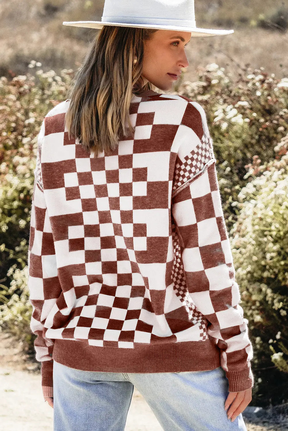 Grey Checkered Print Drop Shoulder Round Neck Sweater Beagle Boutique Fashion Outlet