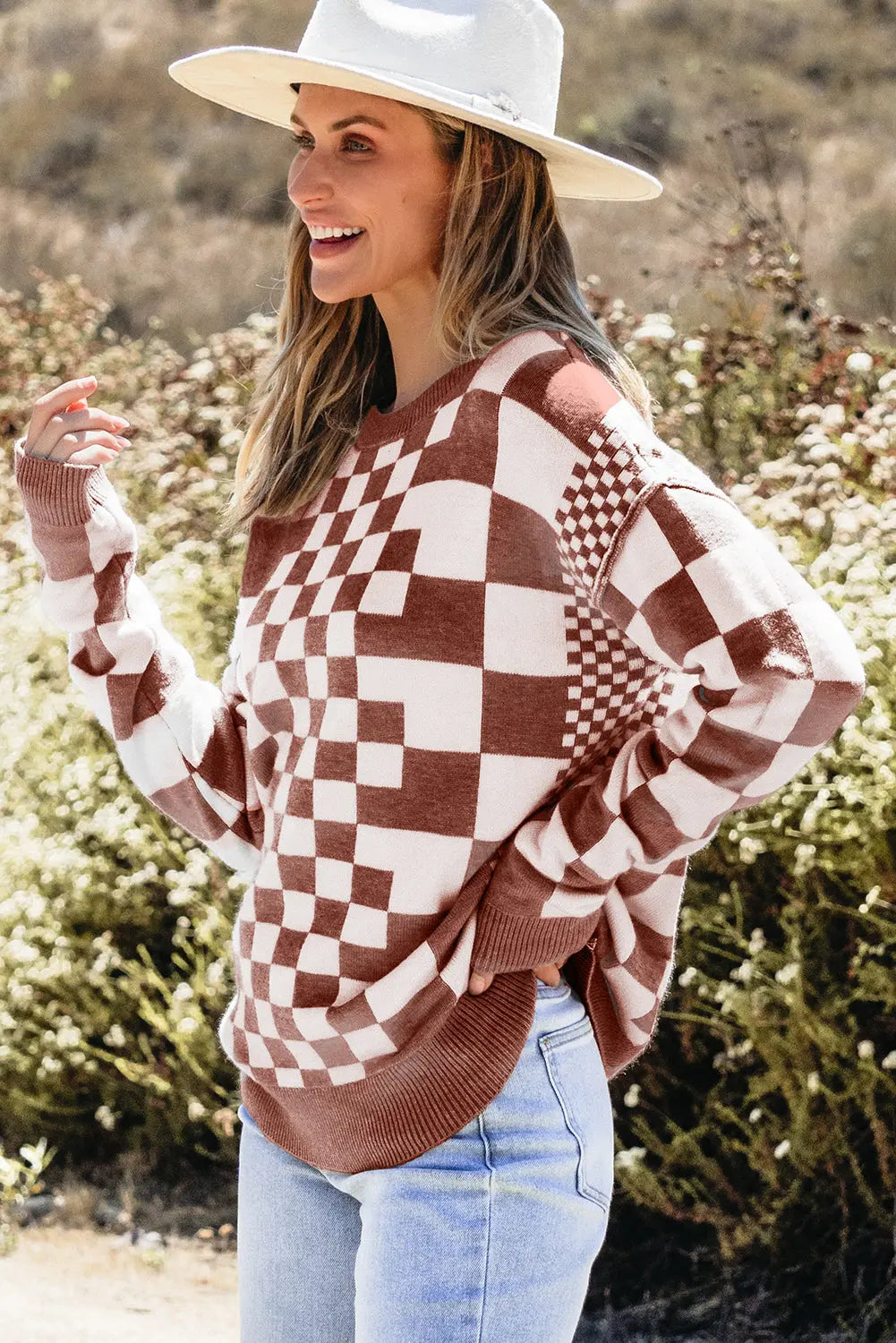 Grey Checkered Print Drop Shoulder Round Neck Sweater Beagle Boutique Fashion Outlet