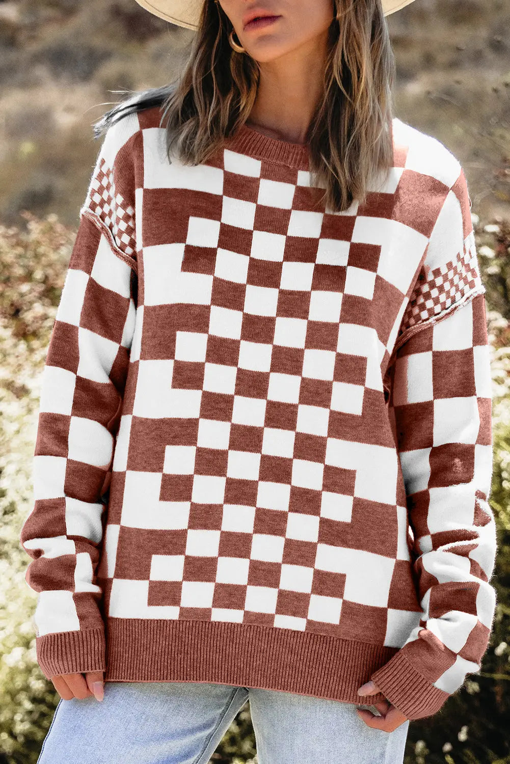Grey Checkered Print Drop Shoulder Round Neck Sweater Beagle Boutique Fashion Outlet