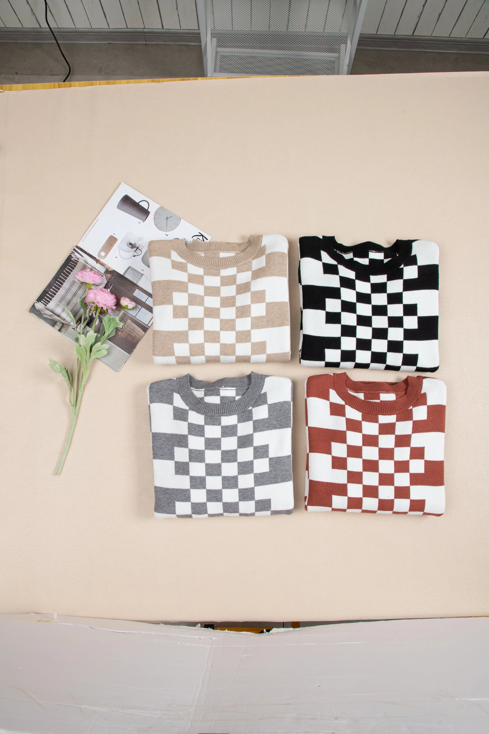 Grey Checkered Print Drop Shoulder Round Neck Sweater Beagle Boutique Fashion Outlet