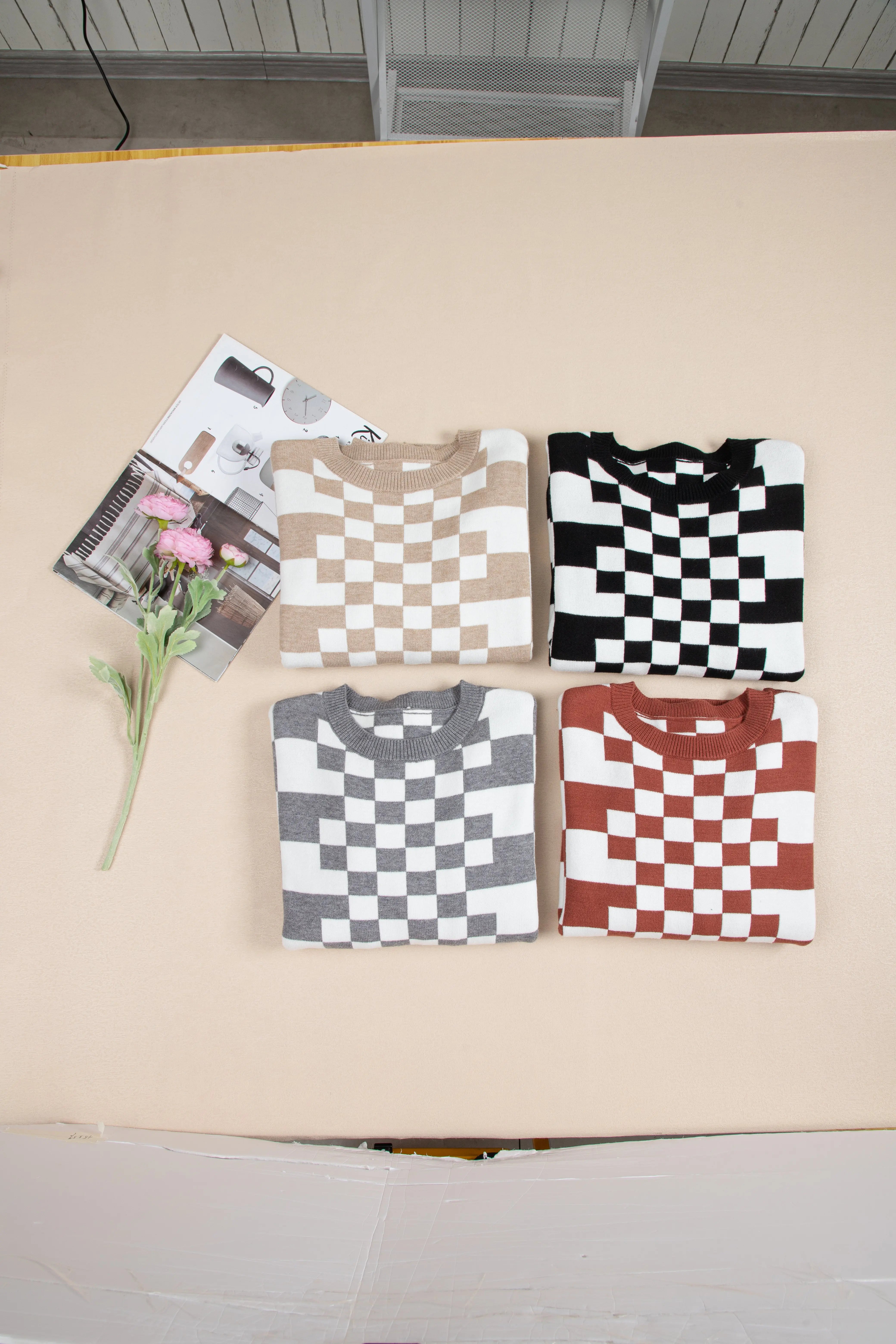 Grey Checkered Print Drop Shoulder Round Neck Sweater Beagle Boutique Fashion Outlet