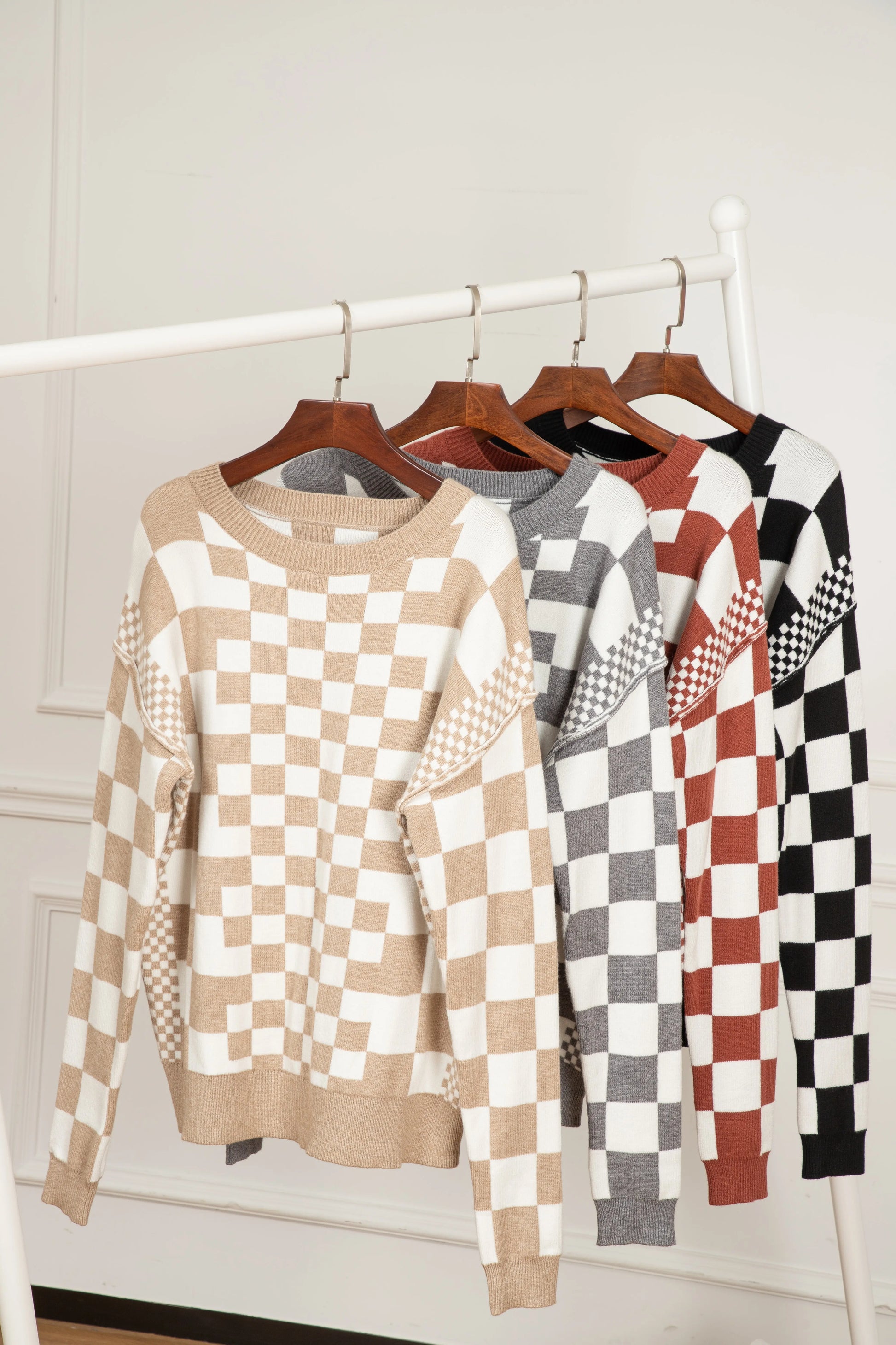 Grey Checkered Print Drop Shoulder Round Neck Sweater Beagle Boutique Fashion Outlet