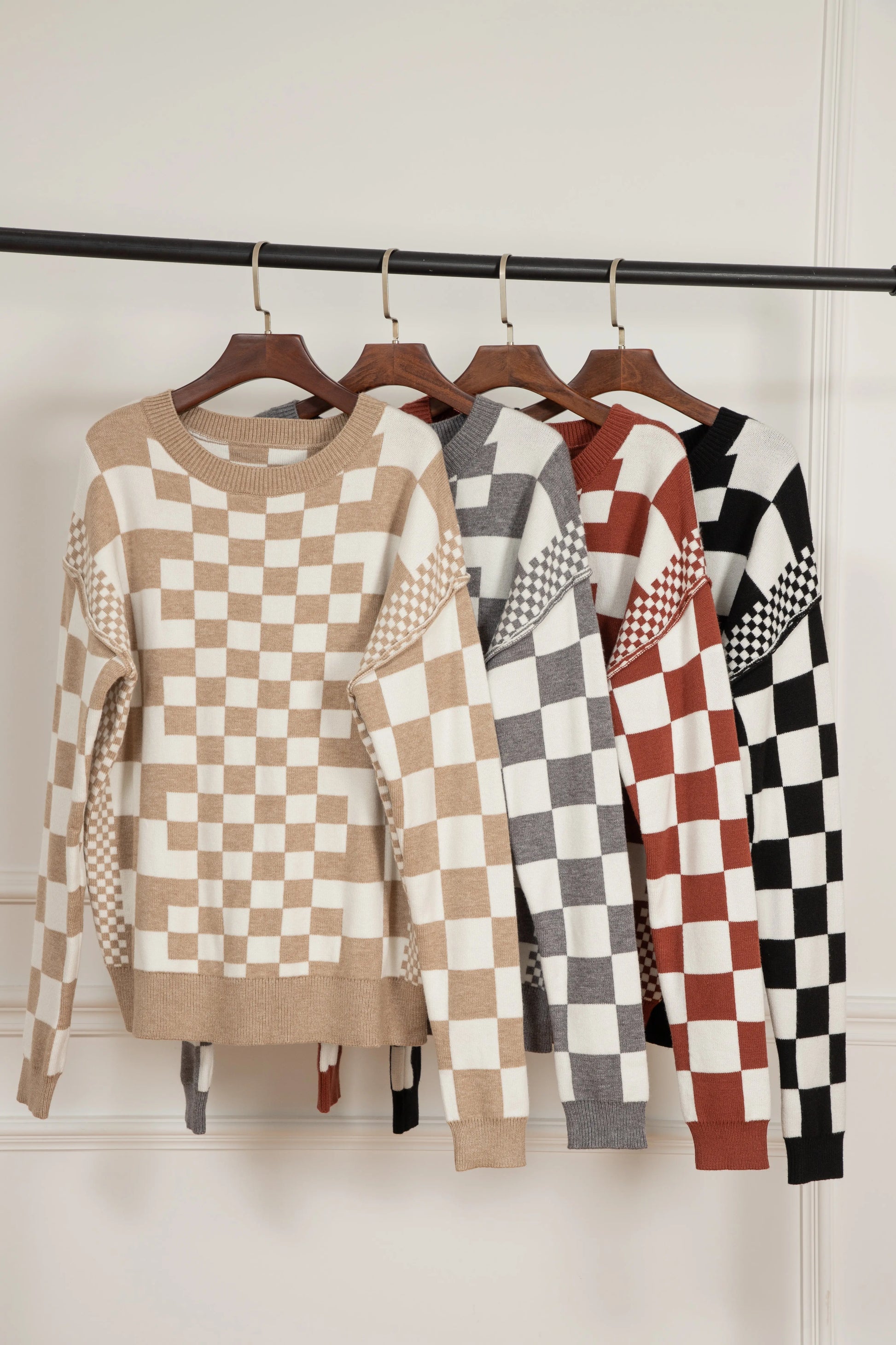 Grey Checkered Print Drop Shoulder Round Neck Sweater Beagle Boutique Fashion Outlet
