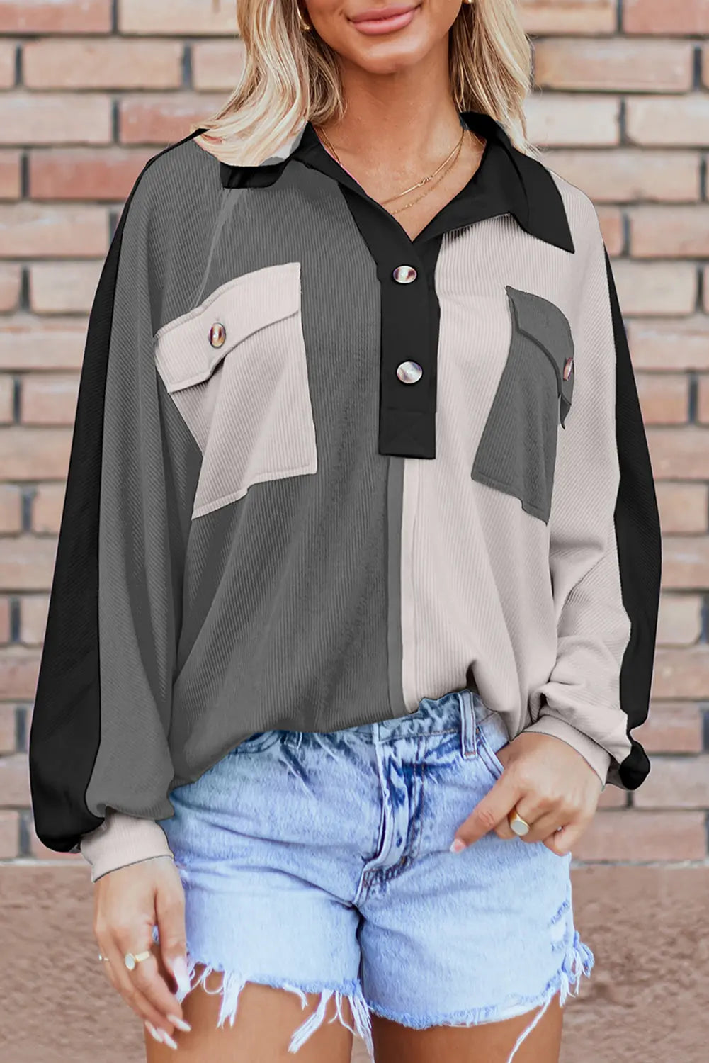 Grey Colourblock Ribbed Collared Oversized Sweatshirt eAura