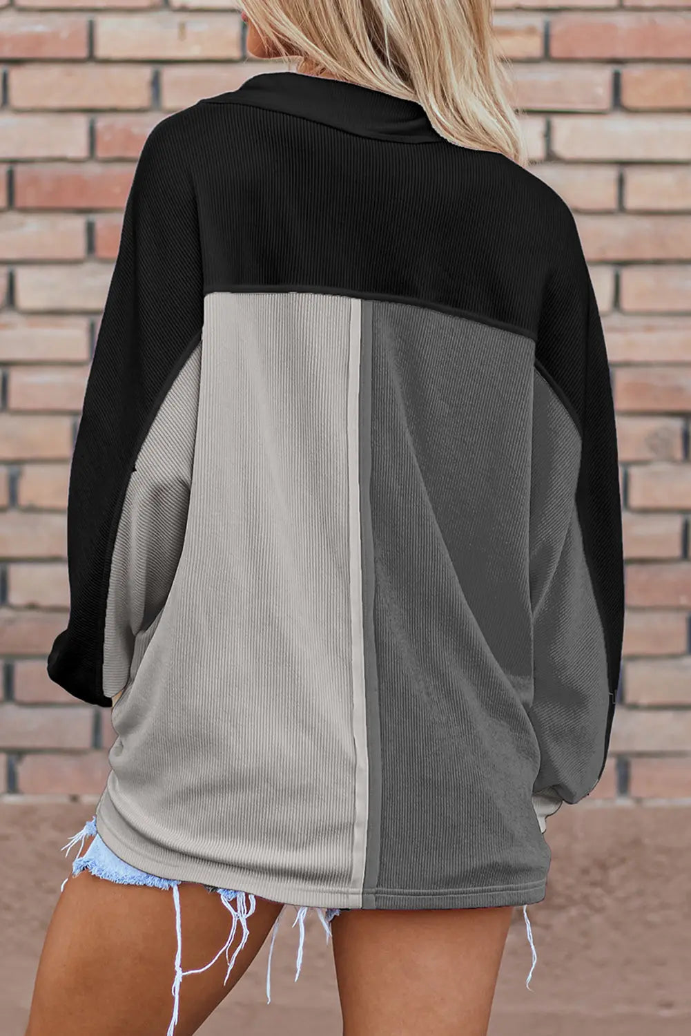 Grey Colourblock Ribbed Collared Oversized Sweatshirt eAura