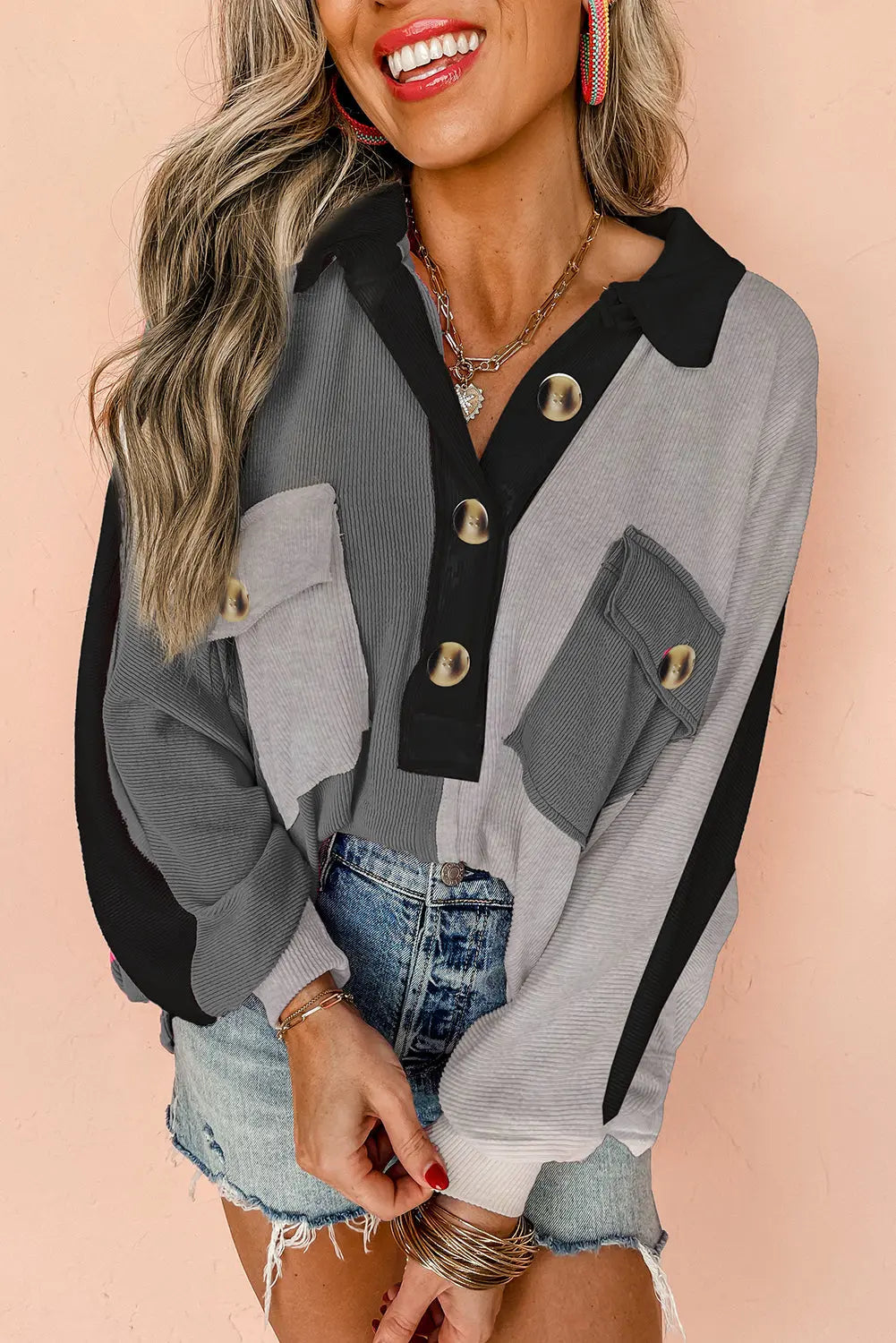 Grey Colourblock Ribbed Collared Oversized Sweatshirt eAura