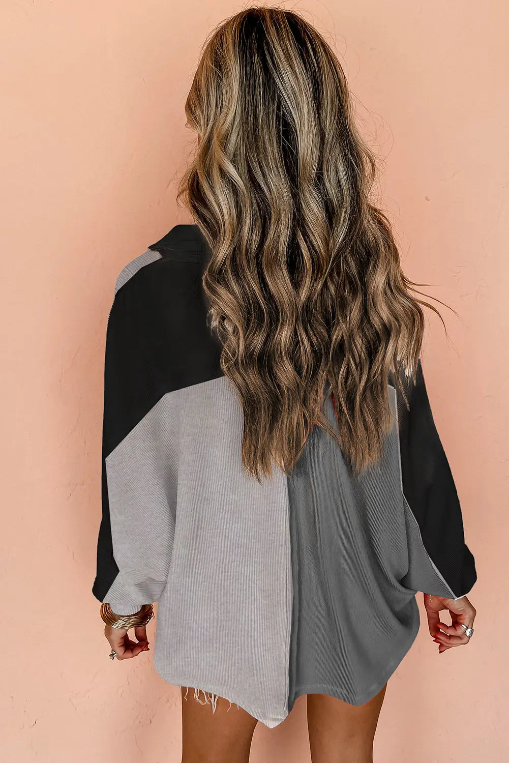 Grey Colourblock Ribbed Collared Oversized Sweatshirt eAura