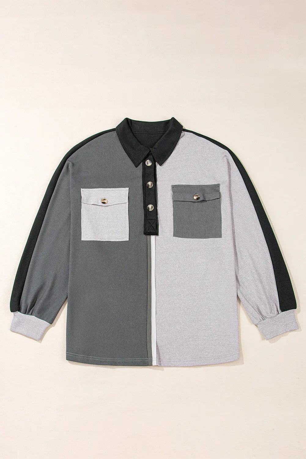 Grey Colourblock Ribbed Collared Oversized Sweatshirt eAura