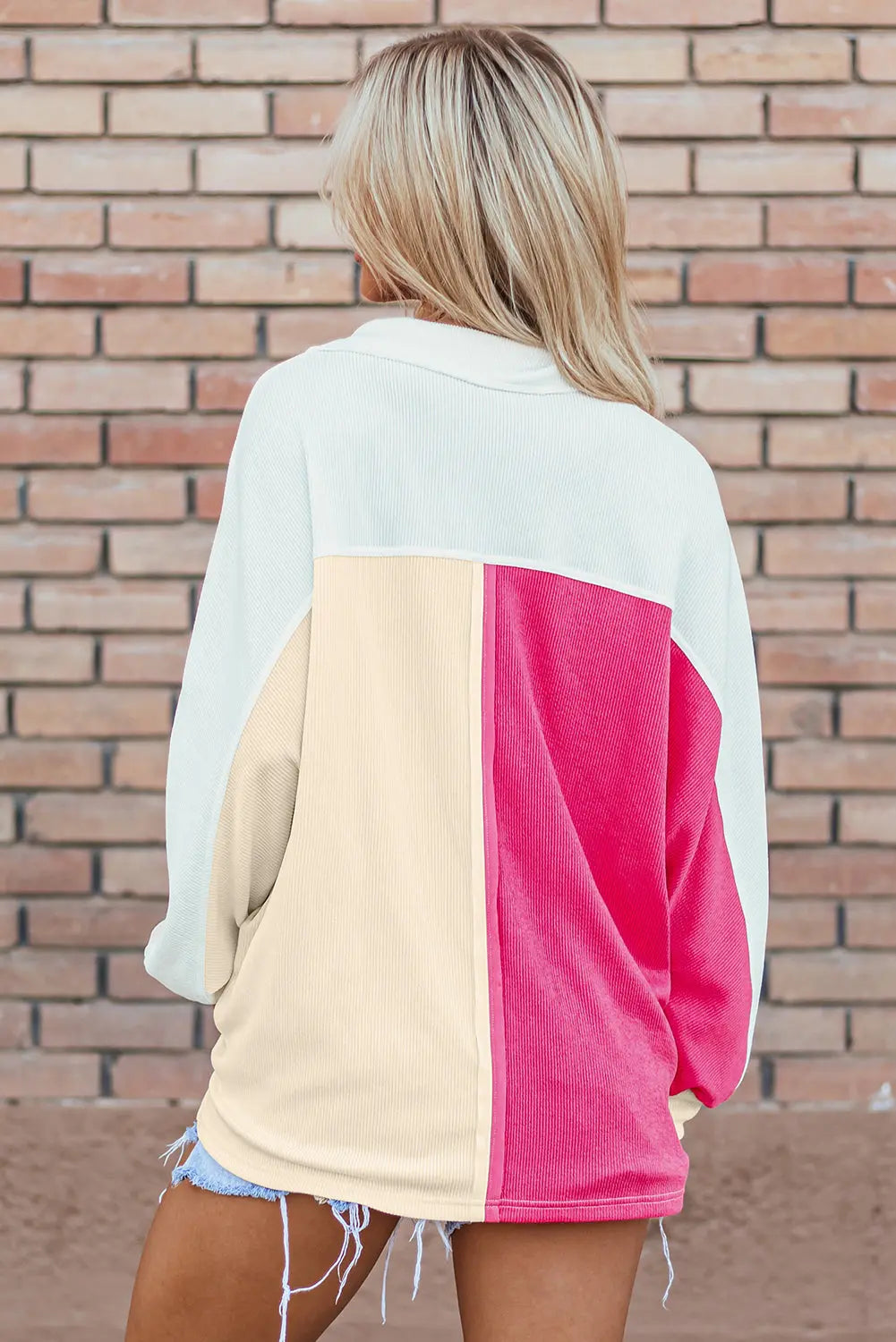 Grey Colourblock Ribbed Collared Oversized Sweatshirt eAura