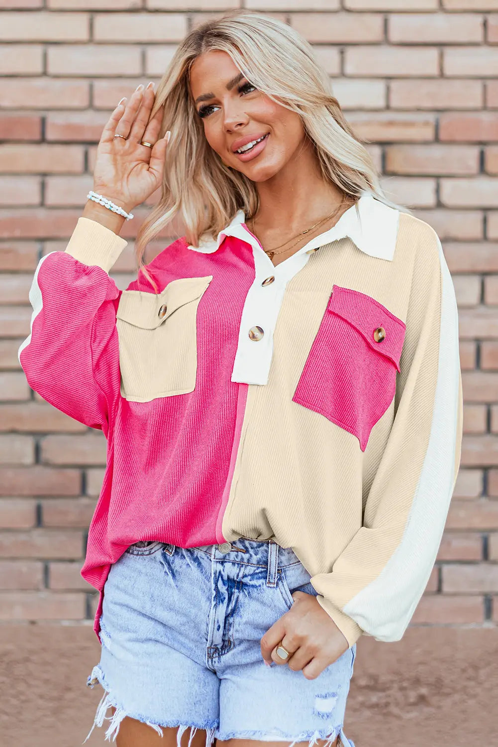 Grey Colourblock Ribbed Collared Oversized Sweatshirt eAura