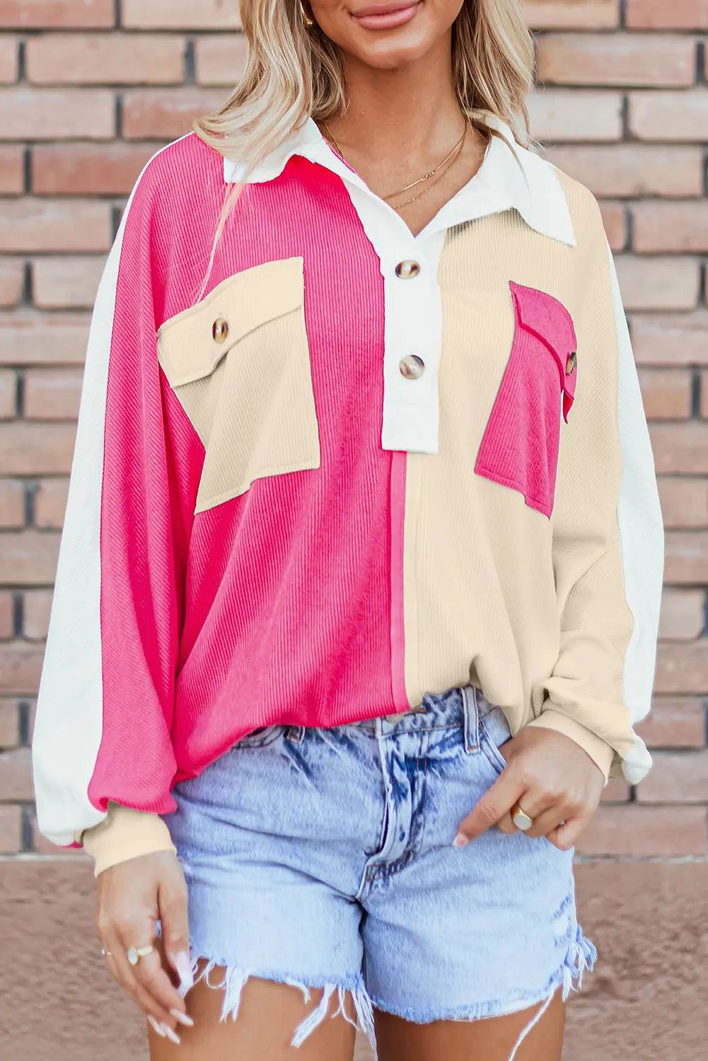 Grey Colourblock Ribbed Collared Oversized Sweatshirt eAura
