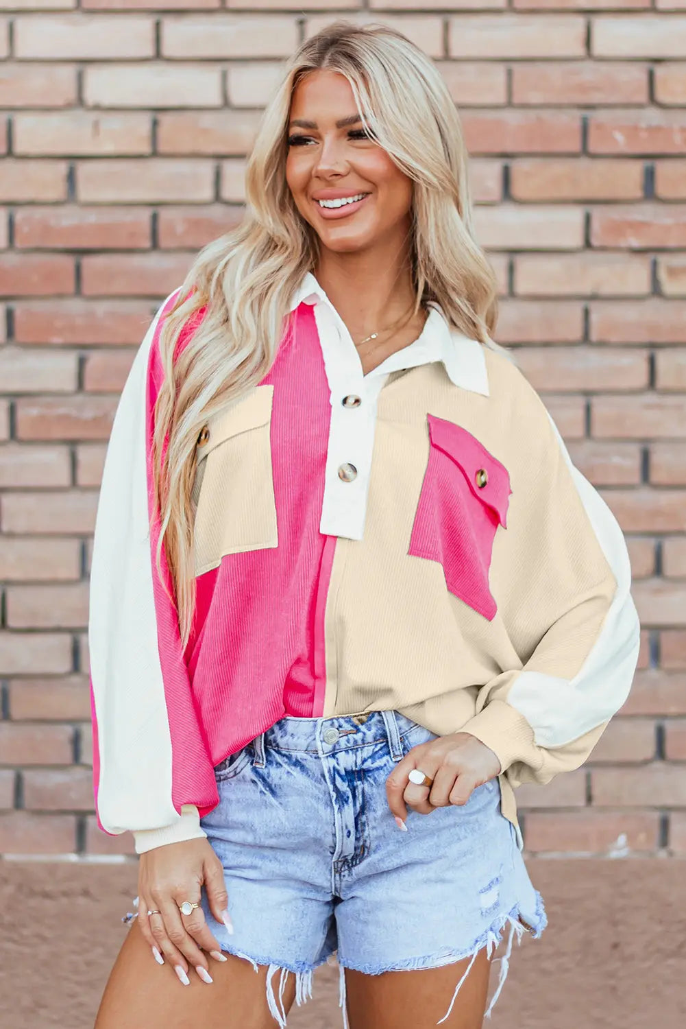 Grey Colourblock Ribbed Collared Oversized Sweatshirt eAura