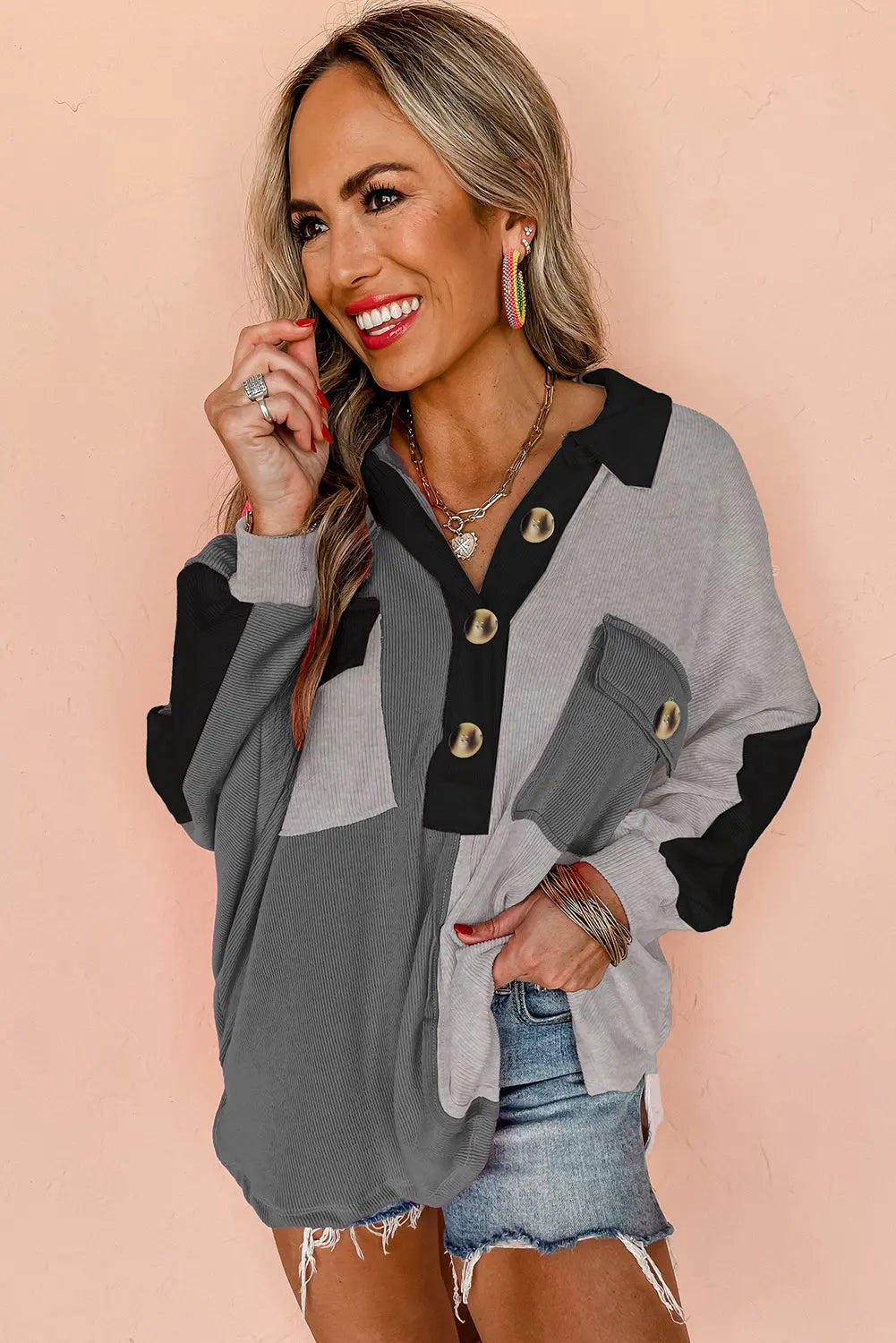 Grey Colourblock Ribbed Collared Oversized Sweatshirt eAura